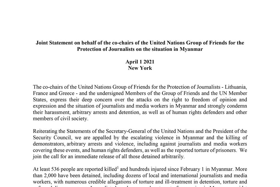 Joint Statement on behalf of the co-chairs of the United Nations Group of Friends for the Protection of Journalists on the situation in Myanmar